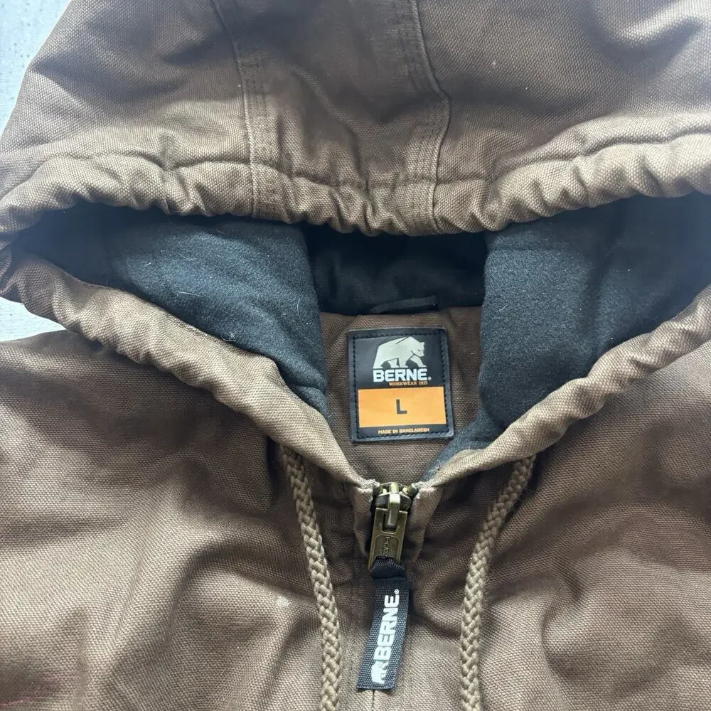 Berne Workwear Men's Large Brown Canvas Duck Hooded Jacket Quilt Lined Work Coat